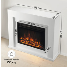 Elektrischer Kamin mit Kaminumrandung und Maßangaben sowie Gewichtsangabe von 22,7 Kilogramm für den Kamin