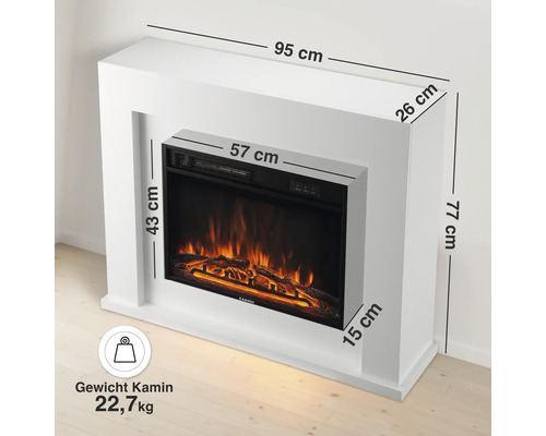 Elektrischer Kamin mit Kaminumrandung und Maßangaben sowie Gewichtsangabe von 22,7 Kilogramm für den Kamin