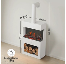 Elektrischer Kamin mit Holzablage und Abmessungen in Zentimetern sowie einem Gewicht von 16 Kilogramm.