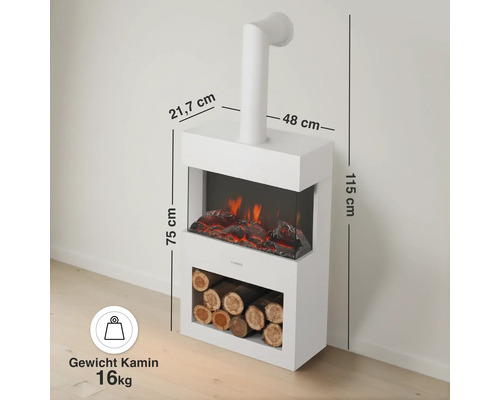 Elektrischer Kamin mit Holzablage und Abmessungen in Zentimetern sowie einem Gewicht von 16 Kilogramm.