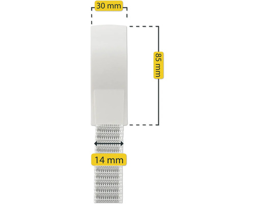 Maßskizze eines Klettbandes mit einer Breite von 14 Millimetern und einer Trägerplatte von 30 Millimetern Breite sowie 85 Millimetern Länge.