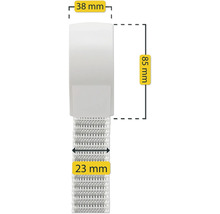 Klettband mit einer Breite von 23 Millimetern sowie einem Klettverschluss Kopf mit einer Länge von 85 Millimetern und einer Breite von 38 Millimetern