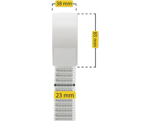 Klettband mit einer Breite von 23 Millimetern sowie einem Klettverschluss Kopf mit einer Länge von 85 Millimetern und einer Breite von 38 Millimetern