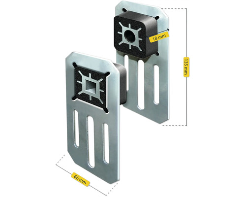 Zwei Metall Montagewinkel mit Schaumstoffpolsterung fuer die Installation mit bemaßten Abmessungen von 135 Millimetern und 66 Millimetern