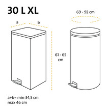 Maßzeichnung für Abfalltüten 30 Liter XL für eckige und runde Treteimer mit Angaben zu Höhe und Umfang.