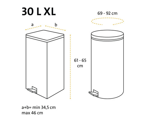 Maßzeichnung für Abfalltüten 30 Liter XL für eckige und runde Treteimer mit Angaben zu Höhe und Umfang.