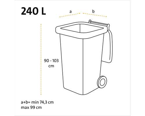 Maßskizze eines 240 Liter Müllcontainers mit Angaben zu Höhe und Breite in Zentimetern.