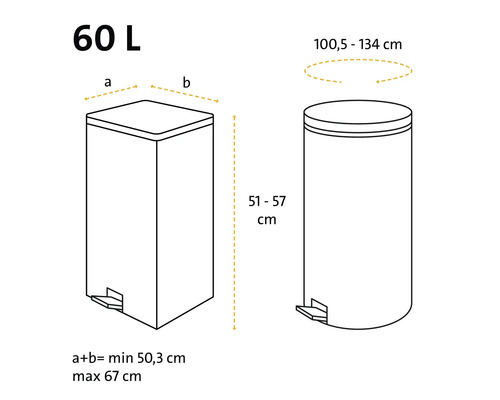 Technische Zeichnung eines sechzig Liter Abfalleimers mit Bemaßungen für eckige und runde Modelle