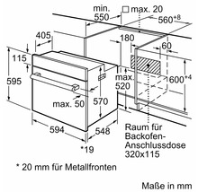 Einbaumaße und Installationsplan für einen Backofen mit Maßangaben in Millimetern für die Küchenschrankintegration.