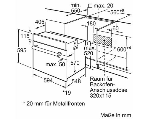 Einbaumaße und Installationsplan für einen Backofen mit Maßangaben in Millimetern für die Küchenschrankintegration.
