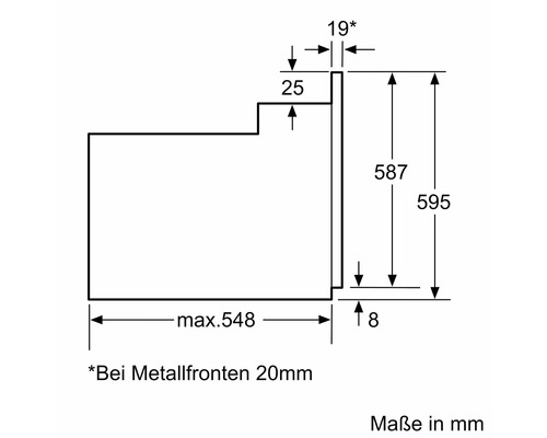 Technische Zeichnung mit Maßangaben für eine Küchenfront mit Einbaumaßen in Millimetern.