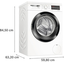 Bosch Serie 6 Waschmaschine als Frontlader mit Maßangaben in Zentimetern