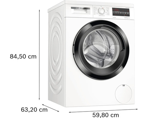 Bosch Serie 6 Waschmaschine als Frontlader mit Maßangaben in Zentimetern