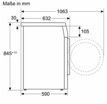 Maßzeichnung einer Waschmaschine mit Seitenansicht und Bemaßungen in Millimeter.