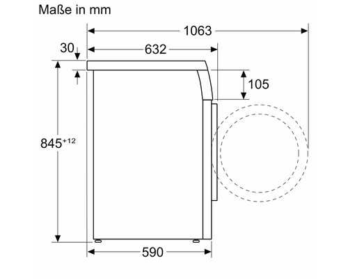 Maßzeichnung einer Waschmaschine mit Seitenansicht und Bemaßungen in Millimeter.