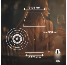 Technische Zeichnung einer Tischleuchte mit Maßangaben: Schirmdurchmesser 135 mm, Sockeldurchmesser 120 mm, maximale Höhe 360 mm.