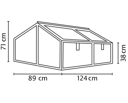Strichzeichnung eines Frühbeets mit Bemaßung von 213 Zentimeter Breite und 71 Zentimeter Höhe