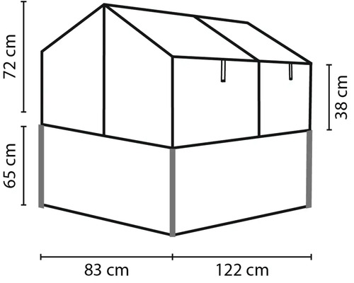 Skizze eines Frühbeets mit Bemaßung der Höhe 72 Zentimeter und 65 Zentimeter sowie der Breite 83 Zentimeter und 122 Zentimeter