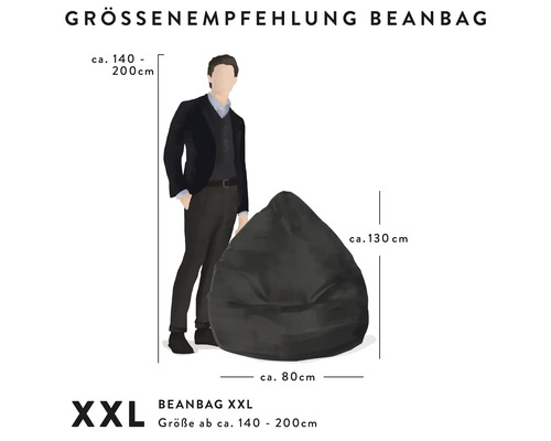 Größenempfehlung für Sitzsack XXL mit einer Höhe von circa 130 Zentimeter und einer Breite von circa 80 Zentimeter.