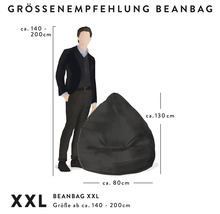 Größenempfehlung für Sitzsack XXL mit einer Höhe von circa 130 Zentimeter und einer Breite von circa 80 Zentimeter.