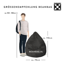 Größenempfehlung für einen Sitzsack der Größe XL mit beispielhafter Körpergröße und Abmessungen von circa einhundertzehn mal siebzig Zentimetern.