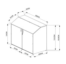 Technische Zeichnung mit Maßangaben für eine abschließbare Mülltonnenbox oder einen Gartenschrank mit zwei Türen und Pultdach.