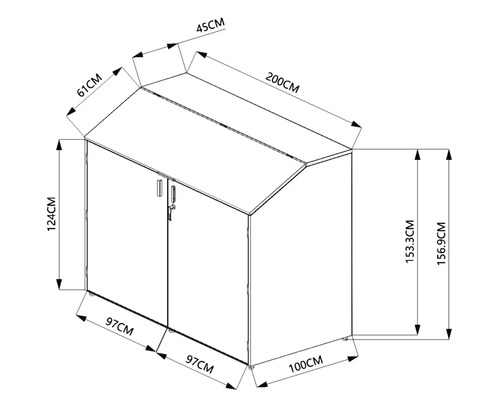 Technische Zeichnung mit Maßangaben für eine abschließbare Mülltonnenbox oder einen Gartenschrank mit zwei Türen und Pultdach.
