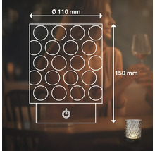 Technische Zeichnung einer LED Tischleuchte mit Maßangaben von 110 Millimeter Durchmesser und 150 Millimeter Höhe inklusive Ein- und Ausschalter.