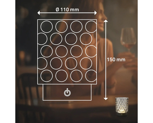 Technische Zeichnung einer LED Tischleuchte mit Maßangaben von 110 Millimeter Durchmesser und 150 Millimeter Höhe inklusive Ein- und Ausschalter.