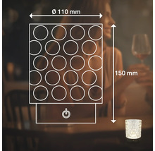 Technische Zeichnung einer LED Tischleuchte mit Maßen von 110 Millimeter Durchmesser und 150 Millimeter Höhe inklusive Ein- und Ausschalter Symbol.