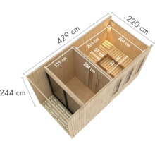 Saunahaus aus Holz mit Maßangaben, unterteilt in einen Vorraum und einen Saunabereich mit Saunaliegen, Draufsicht.