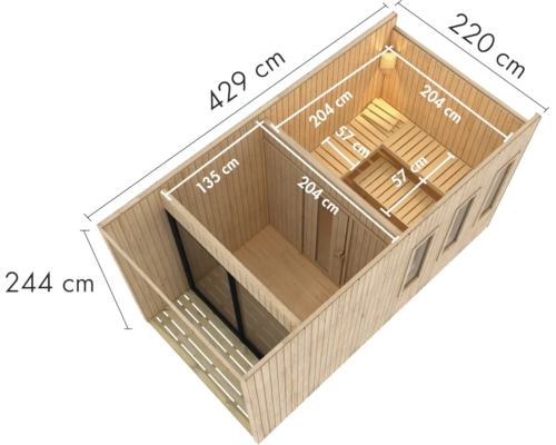 Saunahaus aus Holz mit Maßangaben, unterteilt in einen Vorraum und einen Saunabereich mit Saunaliegen, Draufsicht.