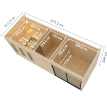 Draufsicht einer Holzsauna mit Maßangaben für drei getrennte Räume und eingebauter Saunabank.