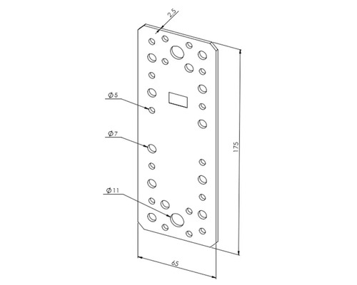 Flachverbinder aus Stahl mit verschiedenen Lochdurchmessern, 175 mal 65 mal 2,5 Millimeter