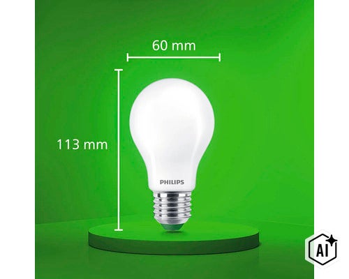 Philips LED Lampe mit E27 Sockel, 113 Millimeter Höhe und 60 Millimeter Durchmesser. (Image AI modified or generated)