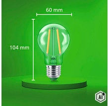 Philips LED Filament Lampe mit E27 Sockel, 60 Millimeter Durchmesser und 104 Millimeter Gesamthöhe, inklusive Philips Logo. (Image AI modified or generated)