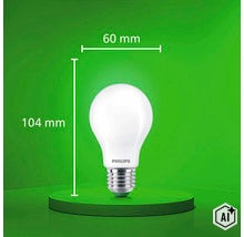 Philips LED Glühbirne mit E27 Sockel und einer Größe von 104 Millimeter mal 60 Millimeter (Image AI modified or generated)