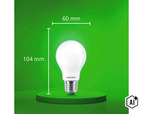 Philips LED Glühbirne mit E27 Sockel und einer Größe von 104 Millimeter mal 60 Millimeter (Image AI modified or generated)