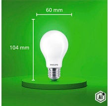 Philips LED Lampe mit E27 Fassung, 60 Millimeter Durchmesser und 104 Millimeter Gesamthöhe. (Image AI modified or generated)