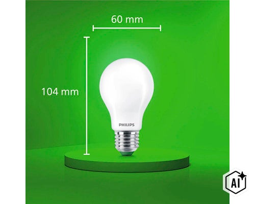 Philips LED Lampe mit E27 Fassung, 60 Millimeter Durchmesser und 104 Millimeter Gesamthöhe. (Image AI modified or generated)