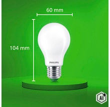 Philips LED Lampe in Birnenform mit E27 Sockel, Maße 60 Millimeter Durchmesser und 104 Millimeter Gesamthöhe. (Image AI modified or generated)
