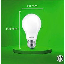 Philips LED Glühbirne mit E27 Sockel, 60 Millimeter Durchmesser und 104 Millimeter Gesamthöhe. (Image AI modified or generated)