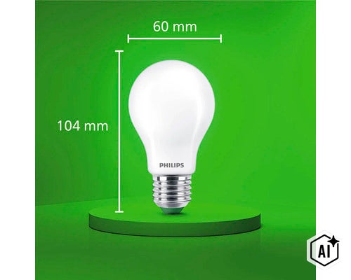 Philips LED Glühbirne mit E27 Sockel, 60 Millimeter Durchmesser und 104 Millimeter Gesamthöhe. (Image AI modified or generated)