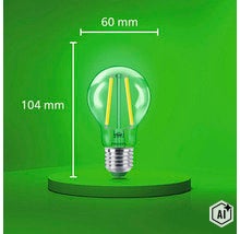 Philips LED Filament Glühbirne mit E27 Sockel, Maße 60 Millimeter Durchmesser und 104 Millimeter Höhe. (Image AI modified or generated)