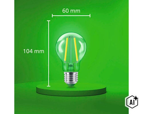 Philips LED Filament Glühbirne mit E27 Sockel, Maße 60 Millimeter Durchmesser und 104 Millimeter Höhe. (Image AI modified or generated)