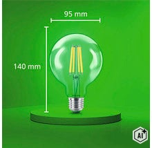 Philips LED Filament Lampe in Kugelform mit 95 Millimeter Durchmesser und 140 Millimeter Gesamthöhe. (Image AI modified or generated)