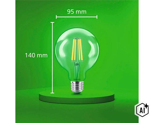 Philips LED Filament Lampe in Kugelform mit 95 Millimeter Durchmesser und 140 Millimeter Gesamthöhe. (Image AI modified or generated)
