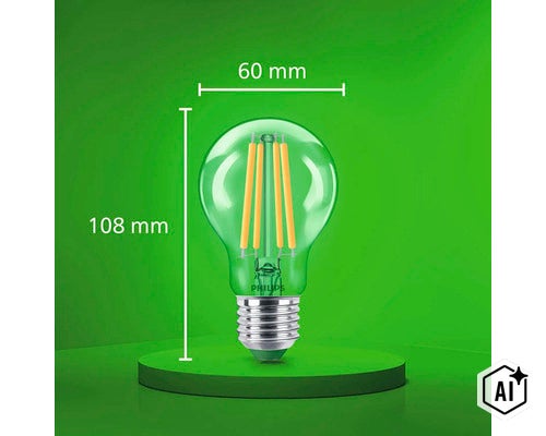 Philips LED Filament Lampe mit 60 Millimeter Durchmesser und 108 Millimeter Gesamthöhe (Image AI modified or generated)