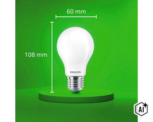 Philips LED Lampe mit E27 Sockel, Maße 108 Millimeter mal 60 Millimeter (Image AI modified or generated)