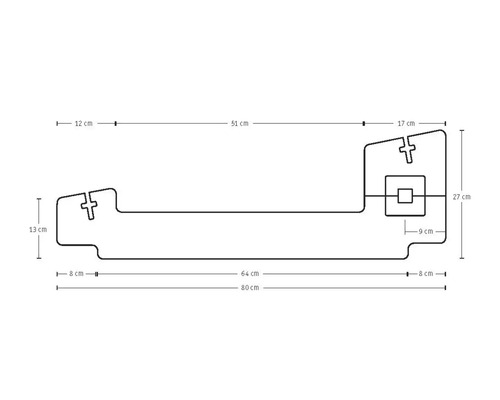 Technische Zeichnung mit Maßangaben für ein Bauteil mit einer Gesamtlänge von 80 Zentimeter.